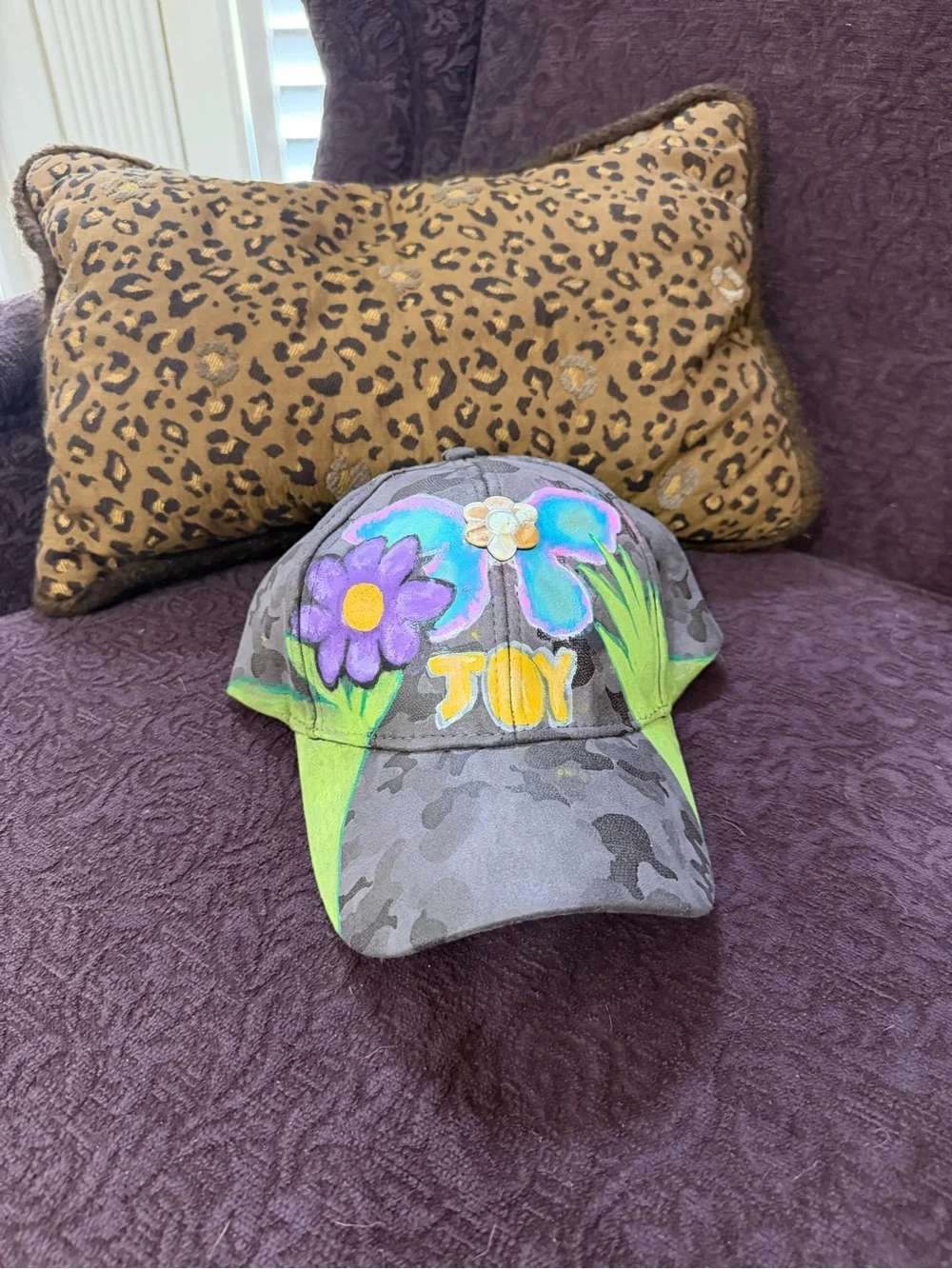 Art by Luke, OOAK Gray Floral 'JOY' Cap with Purple & Teal Accents